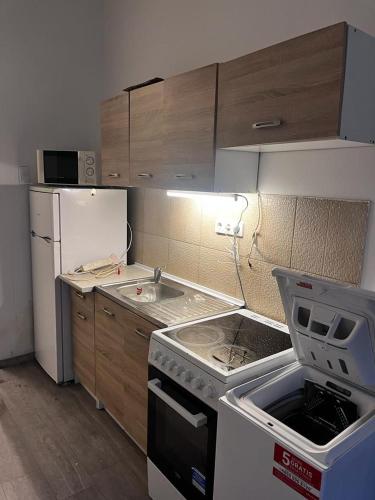 una pequeña cocina con fogones y nevera. en Fantomas*** N3 City Center Apartments 2 Bedroom + Living Room Apartment en Szombathely