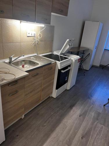 uma cozinha com fogão forno ao lado de um lavatório em Fantomas*** N3 City Center Apartments 2 Bedroom + Living Room Apartment em Szombathely