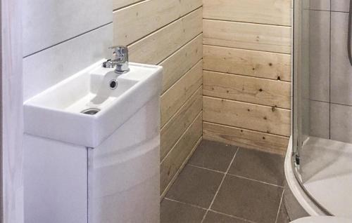 La salle de bains est pourvue d'un lavabo et d'une douche. dans l'établissement Gorgeous Home In Rybical With Kitchen, à Ryn