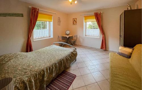 a bedroom with a bed and two windows at Nice Home In Lidzbark Warminski in Lidzbark Warmiński