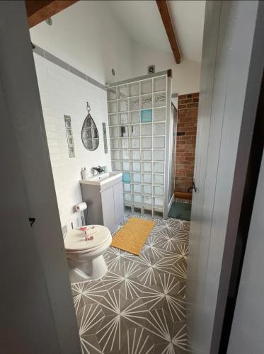 a bathroom with a toilet and a sink and a shower at Aplanty House: A Hidden Gem in The Heart of The Fens in Wisbech