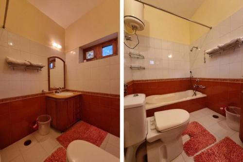 two pictures of a bathroom with a toilet and a sink at Mountain Driftwood Villa in Dalhousie