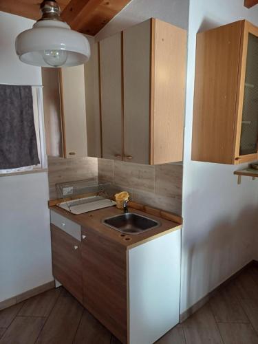 a kitchen with a sink and wooden cabinets at CASCINA LEGNAGO trilocale a 6 chilometri da SALO' in Villanuova sul clisi