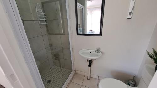 a bathroom with a shower and a sink at Chrisserus Guest Rooms in Bloemfontein