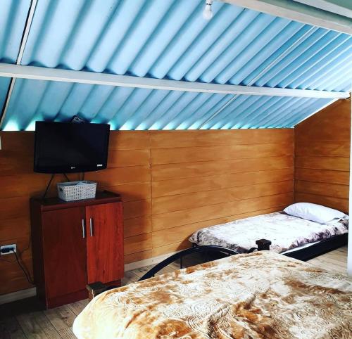 um quarto com uma cama e uma televisão num quarto em HOSTAL MACONDO em Manizales