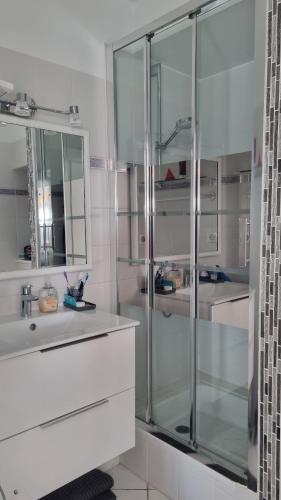 une salle de bain avec une douche en verre et un lavabo dans l'établissement APPARTEMENT T3 vue RHUNE, à Saint-Jean-de-Luz