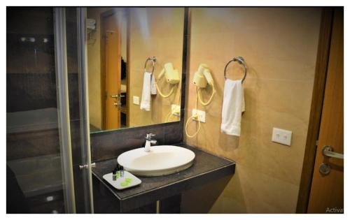W łazience znajduje się umywalka i lustro. w obiekcie Spring Vine Shrinagar w mieście Śrinagar