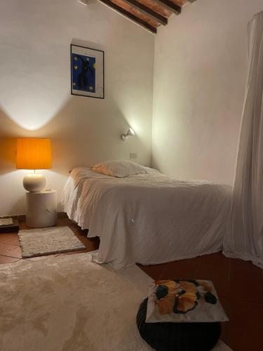 een slaapkamer met 2 bedden en een lamp en een tapijt bij Hagakure in Calcata