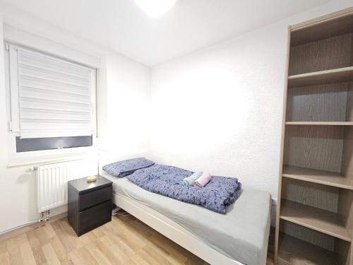 a bedroom with a bed and a window and shelves at Wohnreich Blaustein Mitte -1A- 2er WG in Blaustein