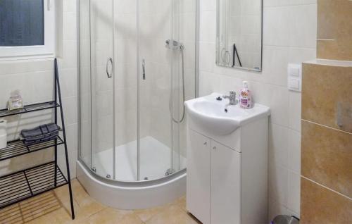 a white bathroom with a shower and a sink at 4 Bedroom Lovely Home In Rybical in Ryn