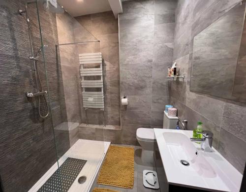 a bathroom with a shower and a sink and a toilet at Stylish Ground Floor 2 Bedroom Apartment In Pontcanna in Cardiff