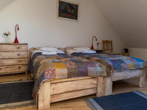 1 Schlafzimmer mit 2 Betten und einer Kommode in der Unterkunft Edvy Malom Apartmanok Pápa in Pápa