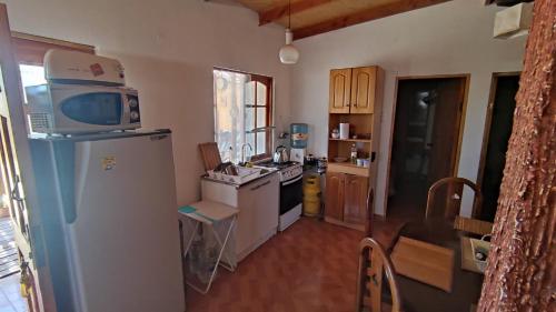 een keuken met een koelkast en een magnetron bij Cabañas Flor de Higuera in San Pedro de Atacama