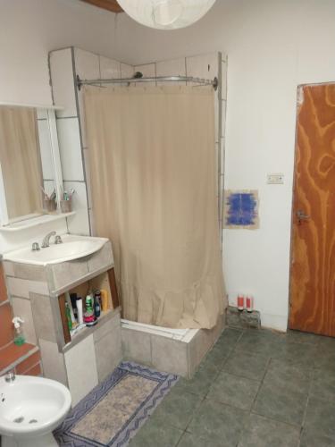 a bathroom with a shower with a sink and a toilet at Enriqueta pds in Tolhuin