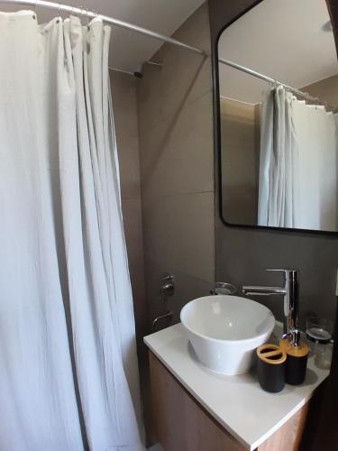 uma casa de banho com um lavatório branco e um espelho. em Elegancia y Confort G&A Rent (308) em Ezeiza