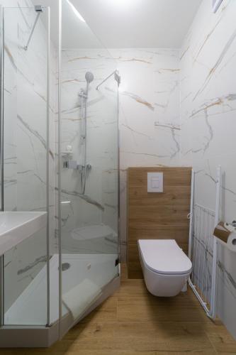 un bagno con doccia in vetro e WC di Willa Marlin a Pobierowo