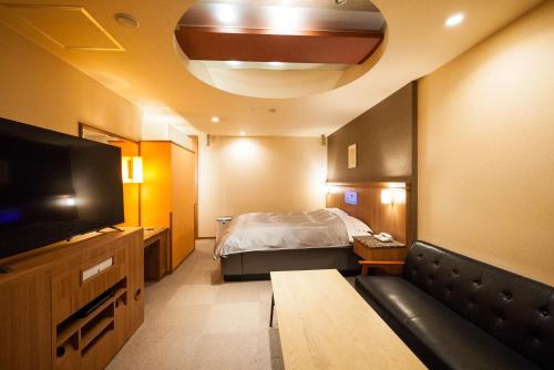 um quarto de hotel com uma cama e uma televisão em Hotel Torni ホテル トルニ em Toyama