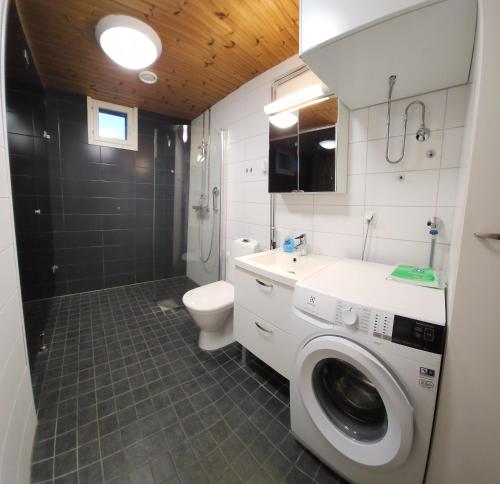 a bathroom with a washing machine and a toilet at Kompakti kolmio saunalla, Kalajoen keskustassa in Kalajoki