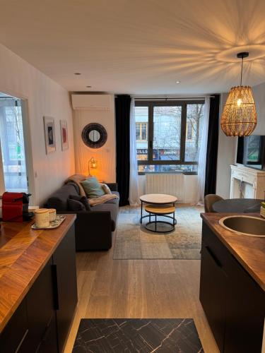 a living room with a couch and a table at "Le petit bonlieu" au centre ville et à 300 m du lac in Annecy