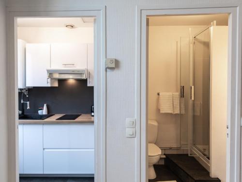La salle de bains est pourvue d'un lavabo et de toilettes. dans l'établissement Studio au coeur du centre ville, à Tours