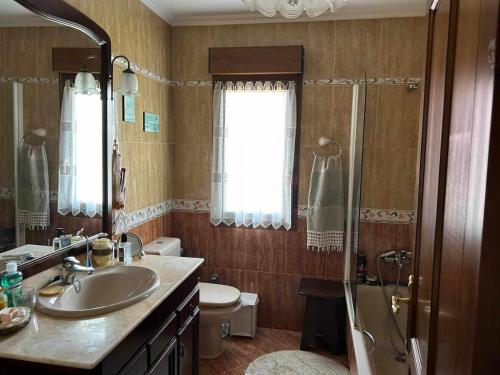 a bathroom with a sink and a shower and a toilet at Casa La Güelina en Asturias VUT-3276-AS in Arriondas