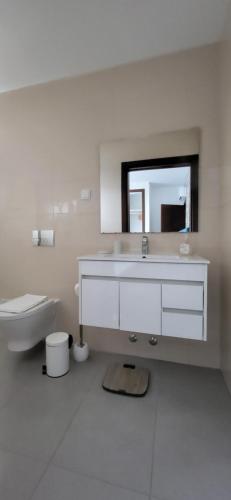 Un baño con lavabo, inodoro y espejo. en Villa Silver Coast, en Nadadouro