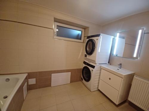 uma lavandaria com uma máquina de lavar roupa e um lavatório em Sun House em Ostrov nad Oslavou