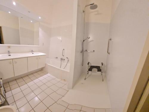 a white bathroom with a shower and a sink at Marina Mercator in Ostend
