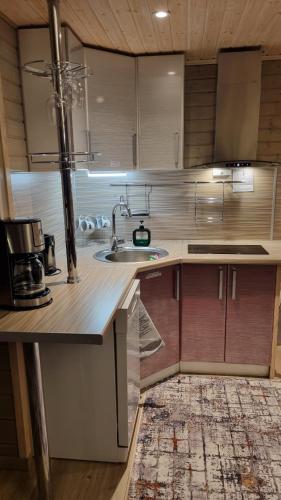 a kitchen with a sink and a counter with a rug at Sydalen house in Kleppstad