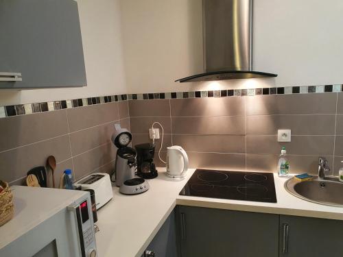 a kitchen with a sink and a stove top oven at Grand studio chaleureux à Port Neuf in La Rochelle