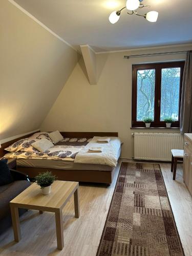 a bedroom with a bed and a couch and a table at Apartamenty Złota Palma in Lądek-Zdrój