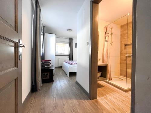 a bathroom with a walk in shower next to a walk in shower at Apartments Kosir in Kranjska Gora