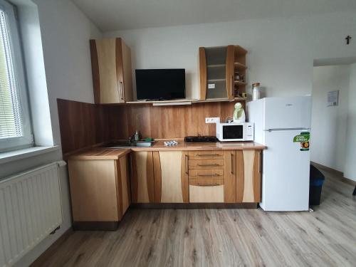 a kitchen with a white refrigerator and wooden cabinets at UBYTOVANIE NITRA – Lužianky Privát Iveta in Šarlužky-Kajsa