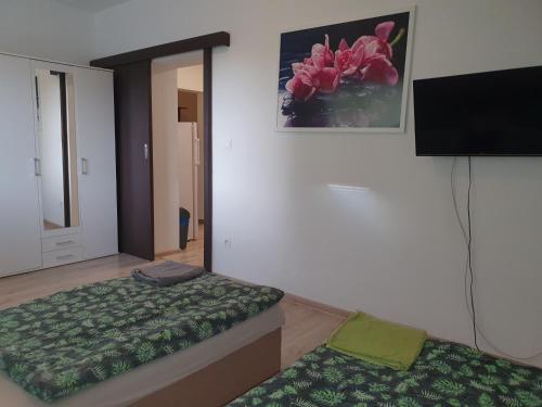 a room with a bed and a flat screen tv at UBYTOVANIE NITRA – Lužianky Privát Iveta in Šarlužky-Kajsa