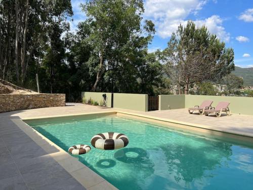 a swimming pool with two volley balls in the water at A casa da Lomba in Lomba