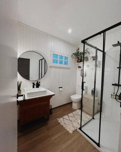 a bathroom with a sink and a toilet and a mirror at A casa da Lomba in Lomba