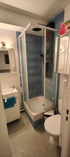 une salle de bain avec douche et toilettes dans l'établissement Le Hameau, à Allos