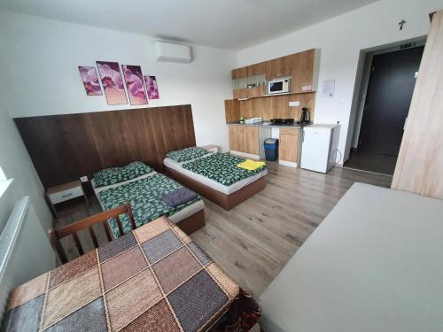 a small room with two beds and a kitchen at UBYTOVANIE NITRA – Lužianky Privát Iveta in Šarlužky-Kajsa