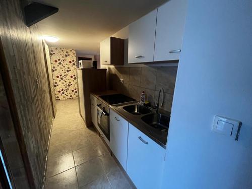 a small kitchen with a sink and a stove at Minibar Inclusive! TH 326 City Center 40sqm Apartment in Szombathely