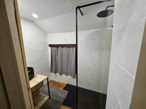 een douche met een glazen deur in de badkamer bij Wood House in Blaimont