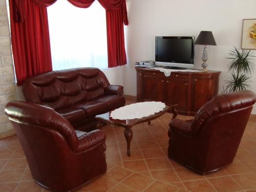 a living room with two leather chairs and a tv at Vila Punta in Šibuljina