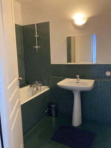 La salle de bains carrelée de vert est pourvue d'un lavabo et d'une baignoire. dans l'établissement Appart. 100m², 4 pièces, 2 salle de bains, calme., à Paris
