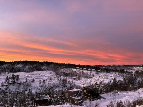 Søndeled的住宿－Cabin with sea and lake view，冬季日落时分,有雪覆盖的树木和房屋