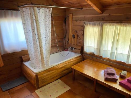 Cabaña de madera con bañera y mesa en Del Francés en Villa La Angostura
