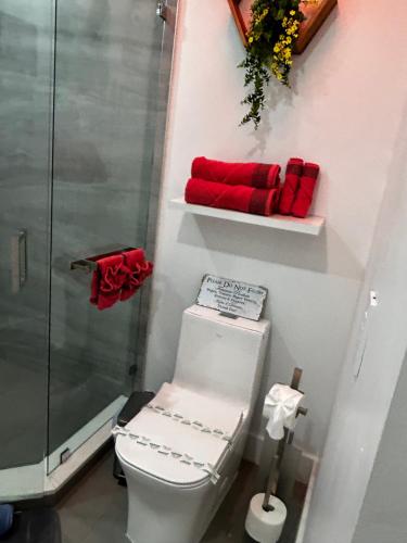 a bathroom with a toilet and a shower with red towels at cozy apartment, with separate entrance in Miami
