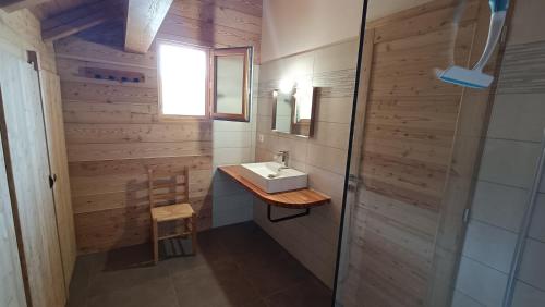 a bathroom with a sink and a wooden wall at Les Cabris in Pelvoux