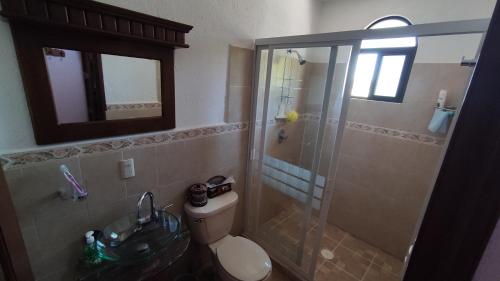 a bathroom with a shower and a toilet and a sink at Casa rústica de campo in Tecozautla