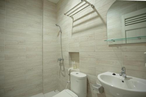 a bathroom with a shower and a toilet and a sink at My Stay Semarang in Candi