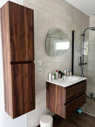 une salle de bain avec un lavabo et un miroir dans l'établissement Petit cocon au cœur du médoc, à Saint-Estèphe