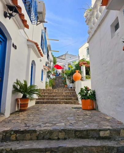 a stone walkway between two white buildings with potted plants at El santorini colombiano cabaña in Puerto Triunfo